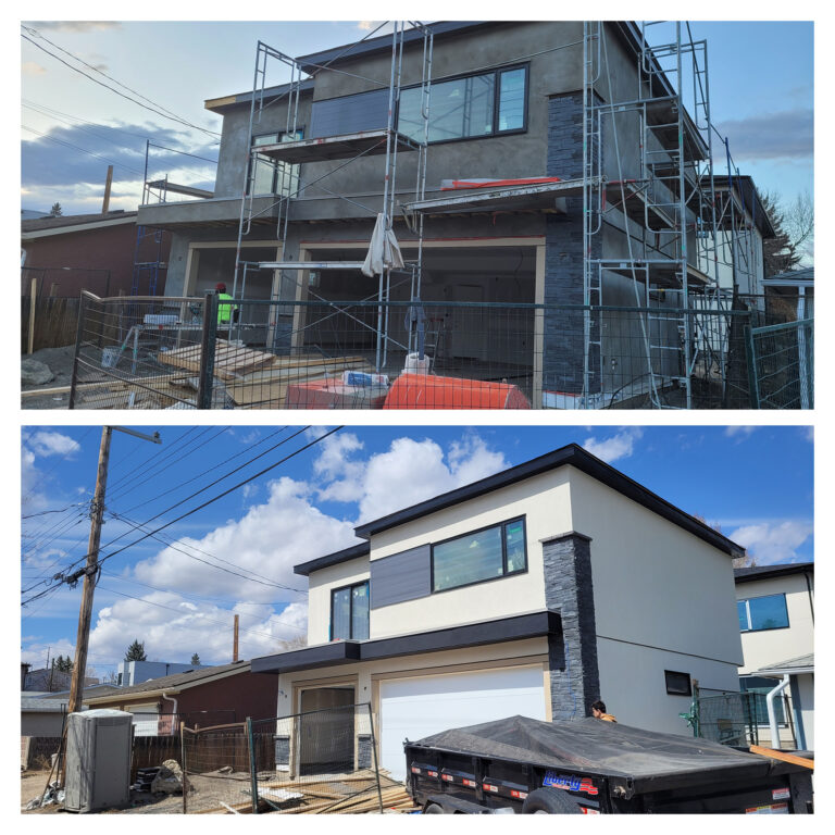 Before and after photos of a detached house in Calgary that has freshly painted white stucco repair.