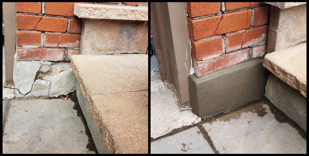 Before and after photo of parging repair job.